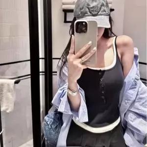 [하프클럽/]민소매 나시 배색 레이어드 슬리브리스 버튼 티셔츠 여름 홈웨