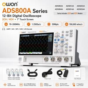 OWON ADS802A 12비트 디지털 오실로스코프 2채널/4채널 70-200MHz 1.25GSa/s 50Mpts 700K wfms/s UART I2C