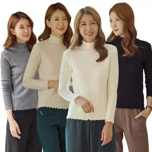 이브바바 여성 골지 주름 목폴라 긴팔 얇은 니트 티셔츠