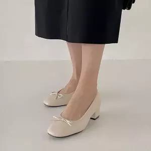 곰블리 브랜드관 / 리본 미들힐 통굽 펌프스 힐 하객룩 면접 여자 구두 4cm 4컬러