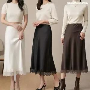 프리수 여성 실키 새틴 샤틴 플레어 롱스커트 레이스 밴딩 A라인 플레어 치마 하객룩 새틴레이스롱스커트