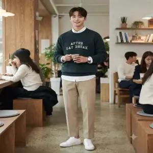 STCO 가을겨울 셔닐 프린트 라운드 니트 그린 클래식핏 DKTXD62