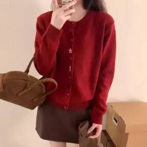 여성 라운드 넥 봄 가을 꽃 자수 니트 가디건 레드 학교 겨울 기본 할머니 엄마 여자