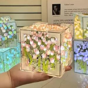 DIY 튤립 거울 큐브 램프 시뮬레이션 꽃 침실 수면 테이블 램프 수제 공예 튤립 거울 야간 조명 생일 선물