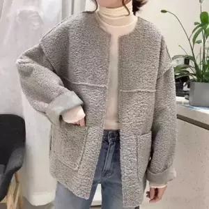 심플 루즈핏 뽀글이 양털 가디건 자켓 노카라 노버튼