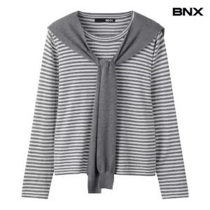 숄 레이어드 라운드넥 스트라이프 긴팔 니트 (BX3KP004L0)