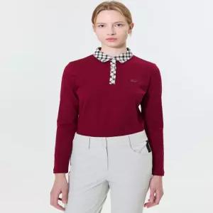 닥스 골프 여성 25FW [스테디셀러] 버건디 체크 카라배색 로고자수 긴팔폴로티셔츠 WNTS5D750D2