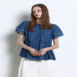 [(OZOC)] 데님 소매 자수 반팔블라우스 (택가격 114000원)