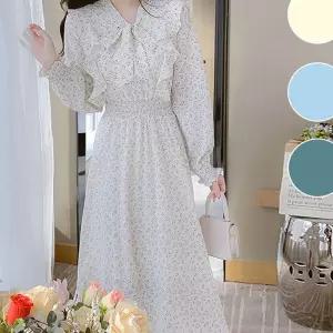 꽃무늬 긴팔 롱 드레스 밴딩 프릴 러플 봄가을 gr72E5C 원피스 44-55