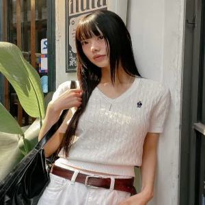 후아유 Steve V-neck Cable Short Sleeve Sweater WHKAG2411F 3187627