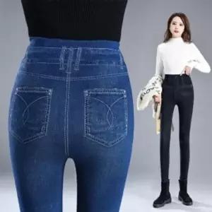 여성 블루 블랙 란우 페이크 데님 레깅스 U 워싱 쫀쫀
