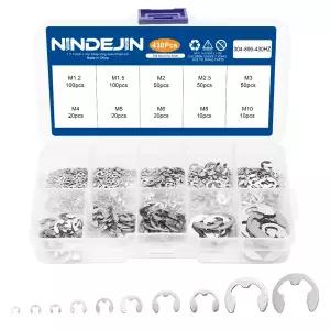 호환  NINDEJIN E-클립 모음 키트 M1.2-M10 스테인리스 스틸 탄소강 스냅 링 와셔 E-모양 외부 고정 링 430