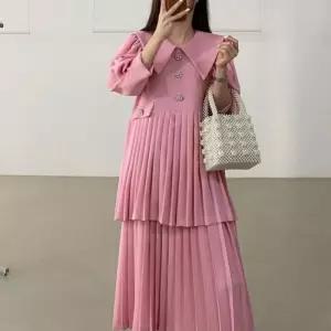 핑크 블랙 플리츠 롱원피스