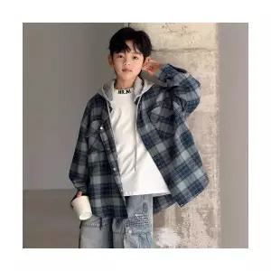 키즈목마 남아 주니어 캐주얼 체크남방 상의 봄 가을 긴팔 외투 초등생 체크 후드 셔츠 1008