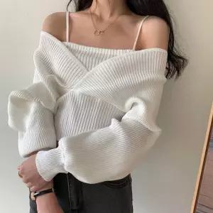 슬림핏 오프숄더 나시 브이넥티 일체형 골지티 여친룩 여성 여름 니트티 여자
