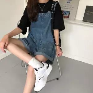 청 코디 귀여운 반바지 LD 멜빵 팬츠 롤업 데님