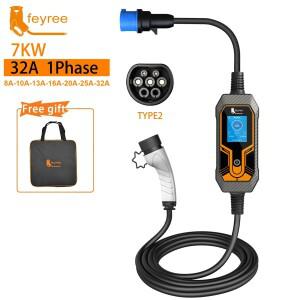 Feyree 휴대용 EV 충전기 Wallbox Type2 케이블 32A 7KW CEE 플러그 박스 j1772 자동차 용 어댑터
