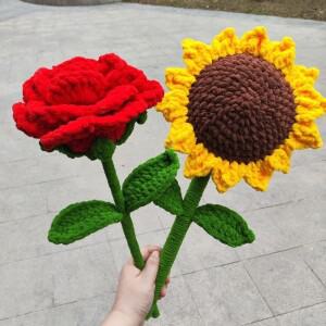 대형 니트 시뮬레이션 장미 인조 울 크로셰 해바라기 꽃 수제 DIY 핸드메이드 꽃다발