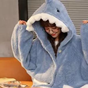 상어 동물 후드 잠옷 원피스 극세사 수면 홈웨어 파자마