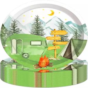 Jajajuegos 9인용 캠핑 종이접시 파티용 식기 세트 원형 일회용 디너 테마 축제 용품 24개