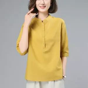면 마 반팔 셔츠 여성 여름 무지 루즈핏 꽃 자수 버튼 반오픈 차이나 반팔 5부 와이셔츠 남방