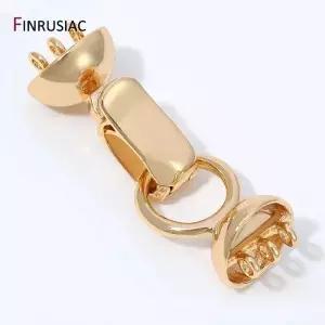 14K 금도금 황동 3열 플레어드 펄 엔드 클래스프 넓은 볼 모양 멀티 스트랜드 잠금 커넥터 DIY 쥬얼리