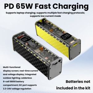 65W PD 고속 충전 8셀 무납땜 18650 보조 배터리 케이스 3.3-24V 조절 가능 DC DIY 박스 LED 디스플레이 야