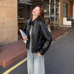 EAMT 여성 가을 작업복 스탠드 칼라 쇼트 가죽 재킷 YJ