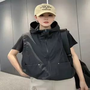 후드 여성여름조끼 포켓 카키 민소매 여행 루즈핏 자켓