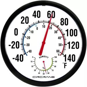 습도계가 있는 서크레인 13.25인치 원형 온도계 대형 실내 벽 파티오 바이메탈 날씨 배터리 필요 없음
