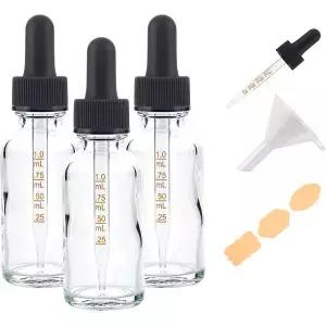 Poadool 1온스 30ml 투명 유리병 눈금이 있는 스포이드 포함 3개 세트 유리 더 강한 흡입력 색이 바래지
