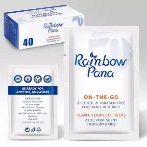 RainbowPana 물티슈 40매 ON-THE-GO 개별 포장 - 남녀 모두 사용 가능한 엉덩이 가족용 여행용 비타민 E와