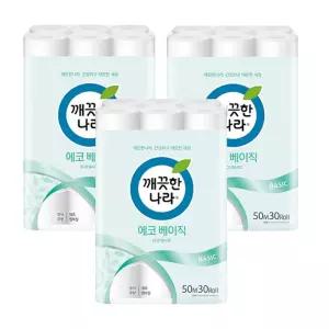 깨끗한나라 2겹 화장지 에코베이직 50m 30롤 3P 휴지