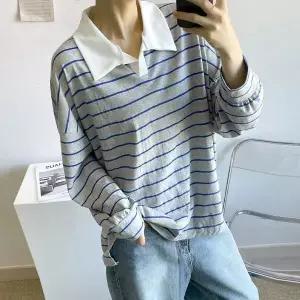 [하프클럽/]배색 카라넥 단가라 긴팔 티셔츠 -TS0960H- 빅사이즈 루즈핏 여성
