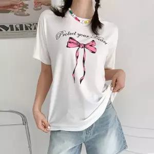 [하프클럽/]면 모달 스판 리본 반팔 티셔츠 -TS0741H- 빅사이즈 루즈핏 여성 여