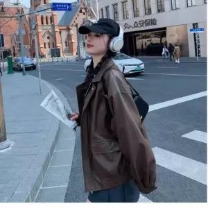 여자가죽점퍼 간절기 코디 오버 박시핏 레더 자켓 가죽 라이딩 아웃도어 출퇴근 현장근무복 오버핏자켓