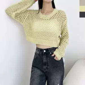 여자 라운드넥 루즈핏 그물 크롭 긴팔 니트