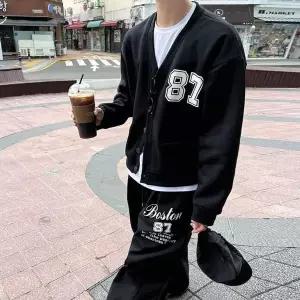 남자 레터링 기모 브이넥 가디건 트레이닝셋업