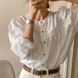 데이트룩 하객룩 라운트넥 퍼프소매 노카라 셔츠