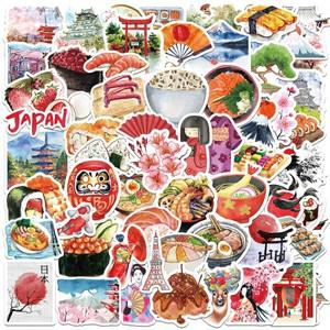 64pcs 수채화 일본 여행 스티커 레트로 스타일 건축 음식 데칼 노트북 수하물 스케이트 보드 스크랩북