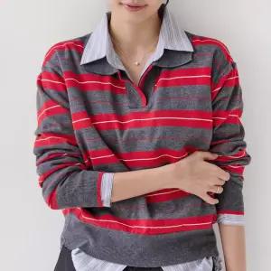 [더나무그림] 여성 투톤 배색 오픈 카라 브이넥 니트 NCP7KT014 셔터카라KT