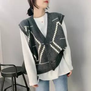 가디건 조끼 니트 일상 단추 베스트 여성 오버핏