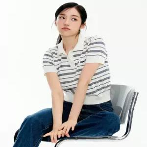 리 리 카라 스트라이프 반팔 니트 아이보리 4797987