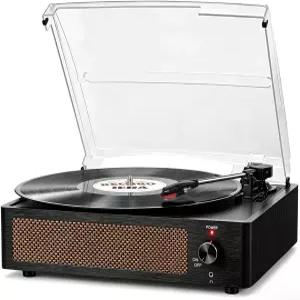 바이닐 레코드용 빈티지 턴테이블 3단 무선 재생 헤드폰 AUX-in RCA 라인 LP 사운드 포노그래프 지원 블랙