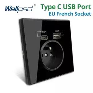 Wallpad 검정색 아크릴 거울 패널 벽 EU 프랑스어 표준 전원 소켓 USB 충전 포트 유형-C 콘센트 5V 2100mA