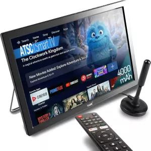 Rywob 15.6인치 소형 스마트 TV 내장 디지털 튜너 4000mAh 충전식 배터리 HDMI/SD 카드/USB/AV 입력 자동차