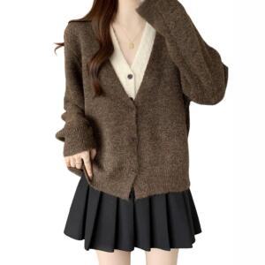 패브릭픽 여성 가을 ？？캐주얼 스웨터 가짜 투피스 v 넥 긴팔 카디건