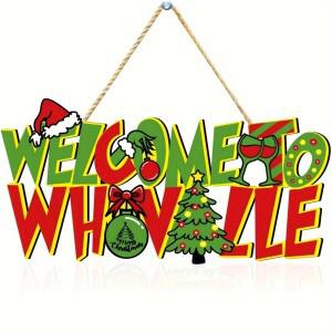 Whoville 크리스마스 문 걸이 표지판 오신 것을 환영합니다 나무 걸이기호 트리 장식품 정문