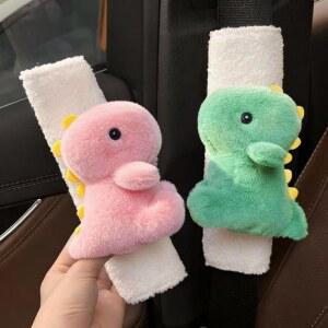 ZIGIHOS 2 PCS 안전벨트 커버 패드 귀여운 공룡 커버 겨울용 푹신한 플러시 소프트 쿠션 카시트 스트랩 패드 (핑크+그린)