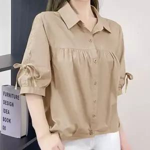 여성 면 100% 반팔 블라우스 데일리 통기성 반팔 셔츠 루즈핏 카라넥 남방